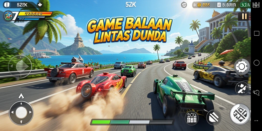 Screenshot gameplay 5ZK dengan aksi balapan seru dan mobil berkecepatan tinggi.