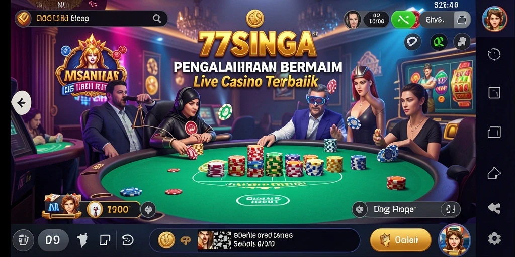 Screenshot gameplay 77SINGA menampilkan dealer dan meja permainan yang menarik.