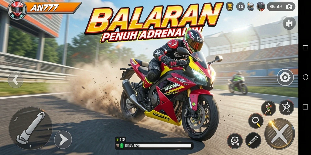 Tangkapan layar gameplay AN777 menampilkan aksi balapan motor yang mendebarkan.