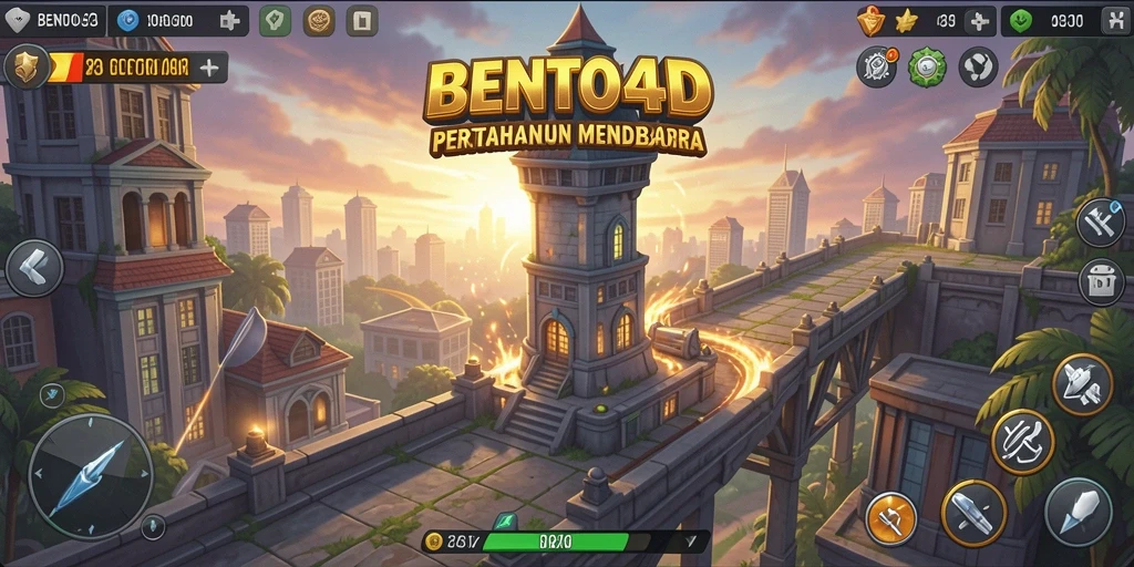 Screenshot gameplay BENTO4D menampilkan serangan menara melawan musuh.