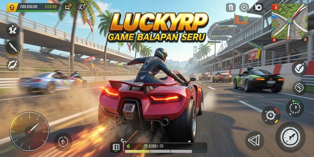Gameplay mendebarkan LUCKYRP dengan mobil balap yang melesat di lintasan.