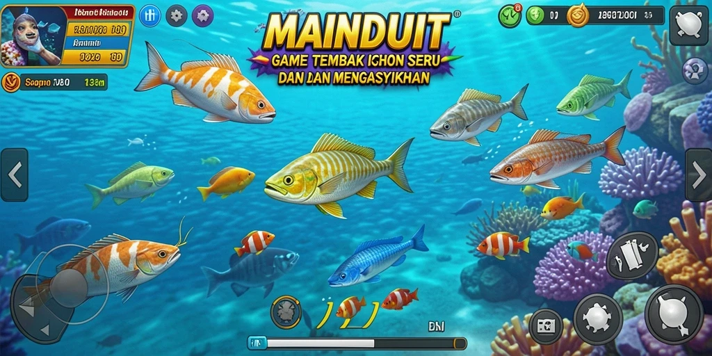 Tampilan gameplay seru dari MAINDUIT dengan berbagai jenis ikan yang menantang.