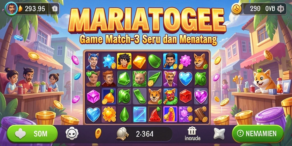 Gameplay MARIATOGEL menampilkan serunya mencocokkan objek dalam warna cerah.