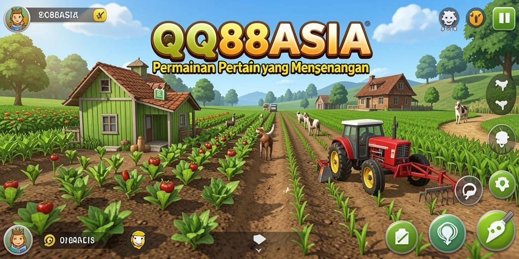 Tampilan gameplay QQ88ASIA menunjukkan lahan pertanian yang indah dan beragam tanaman.