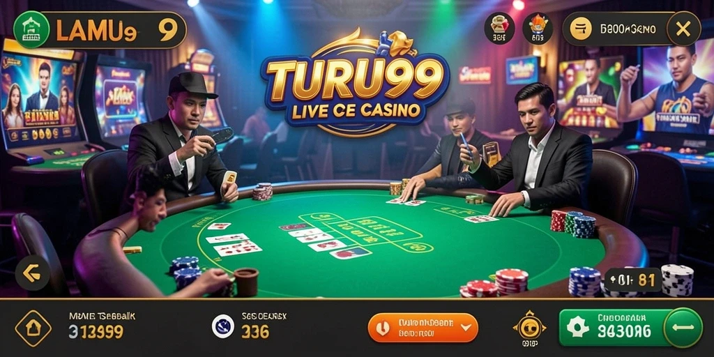 Screenshot permainan TURU99 yang menunjukkan dealer dan meja Live Casino.